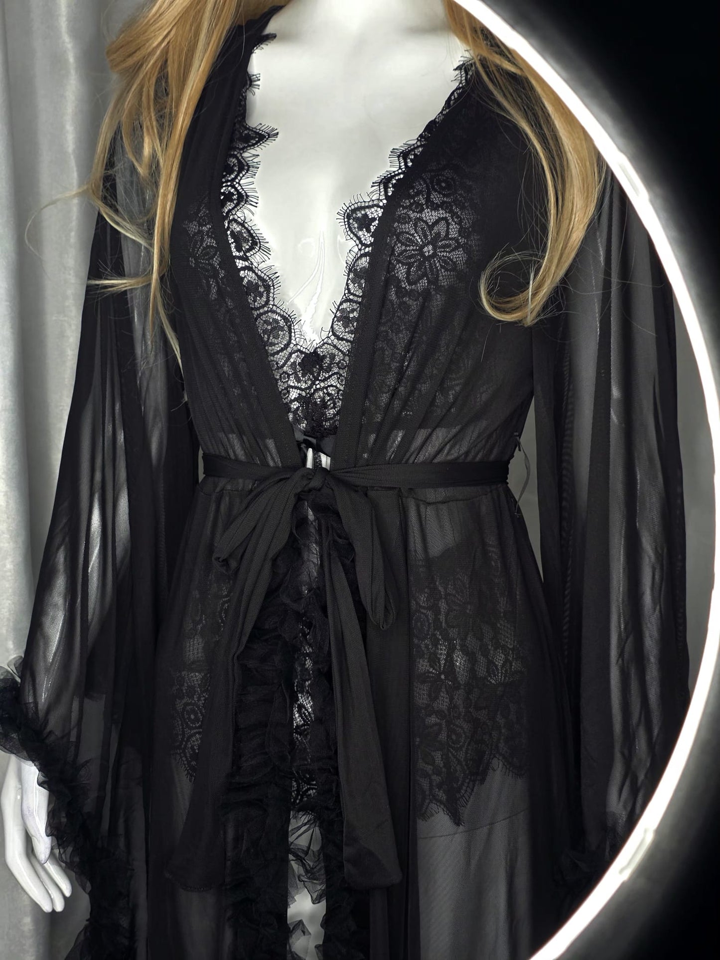 Noir Élégance Luxury Sheer Lace Robe