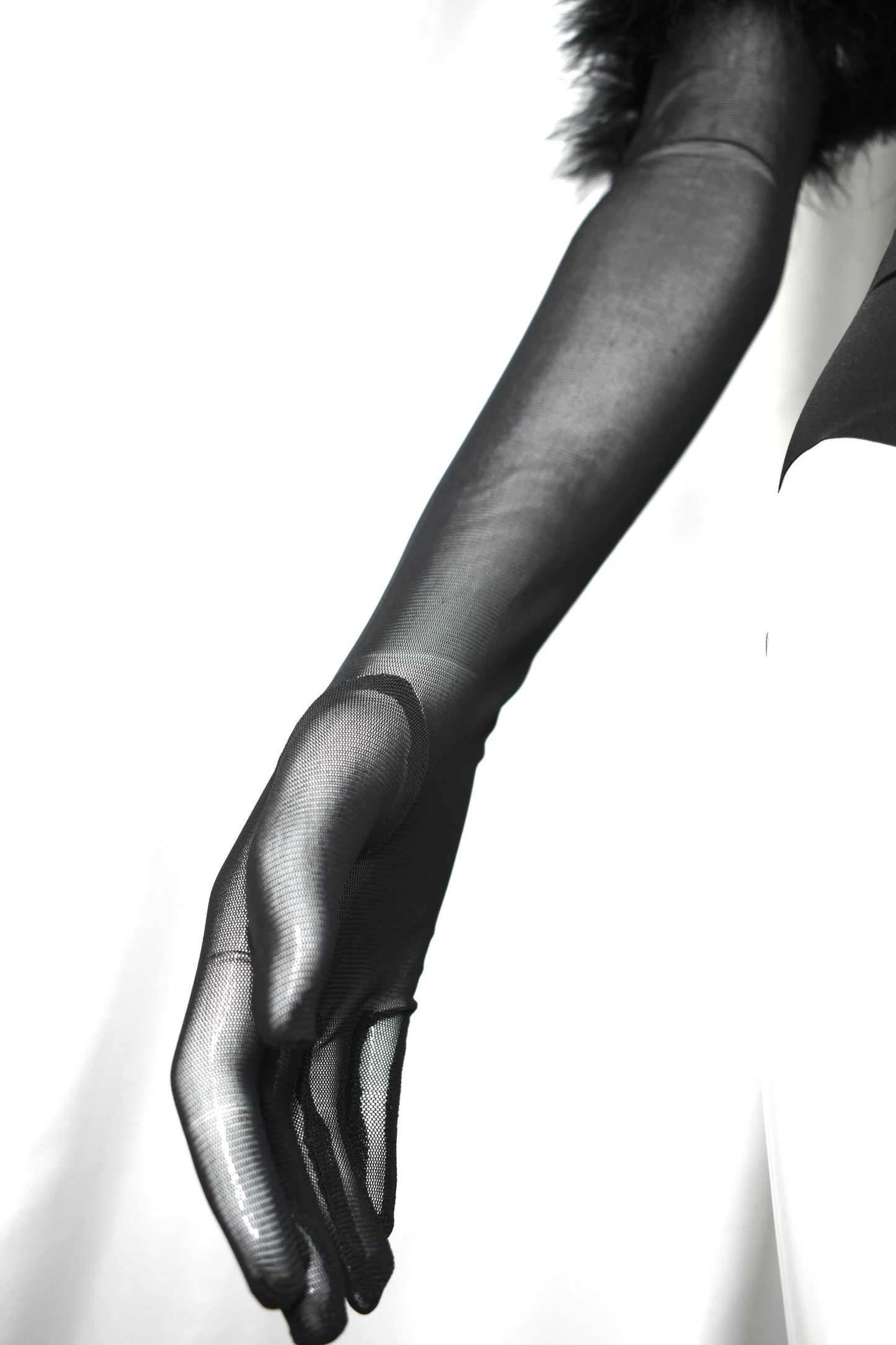 Black Mesh Gloves with Feather Trim
