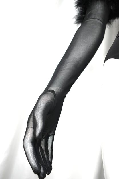 Black Mesh Gloves with Feather Trim