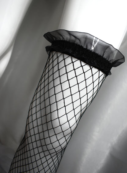 Black Fishnet Stockings with Lace Trim