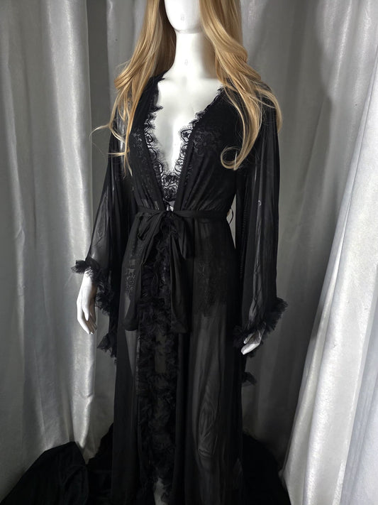 Noir Élégance Luxury Sheer Lace Robe