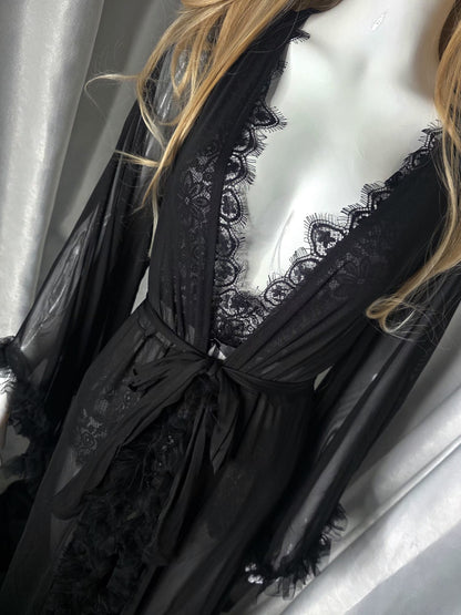 Noir Élégance Luxury Sheer Lace Robe