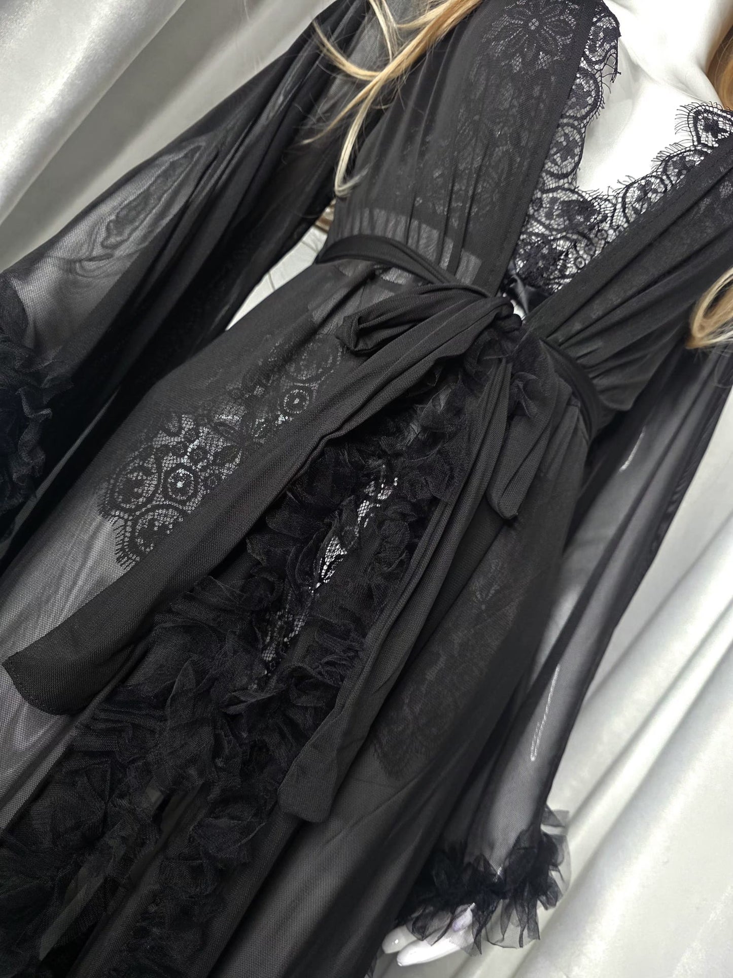 Noir Élégance Luxury Sheer Lace Robe