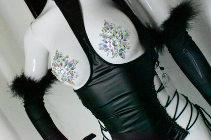 Athena Faux Leather Bodysuit with Side Lace-Up Detail.”