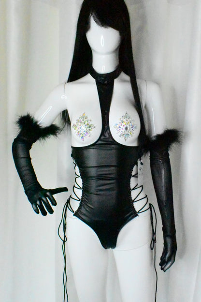 Athena Faux Leather Bodysuit with Side Lace-Up Detail.”